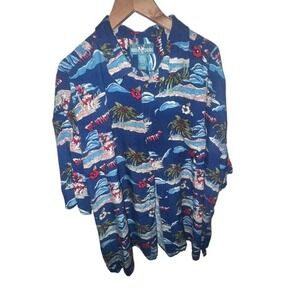 Big Dogs Hawaiian Shirt 4XL Blue Big Kahuna Beach Palm Floral Rayon Aloha